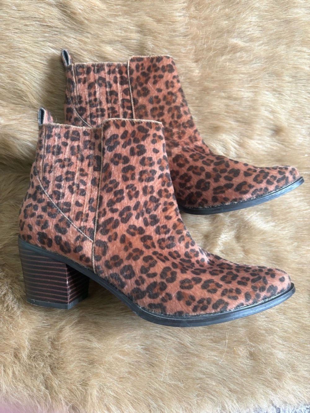 Leopard Print Faux Calf Hair Ankle Booties in Brown